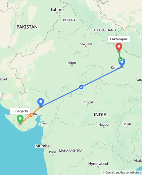 Route map showing distance and travel time from Junagadh, India to Lakhimpur, India