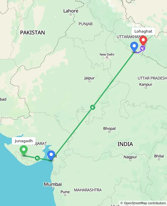Route map showing distance and travel time from Junagadh, India to Lohaghat, India