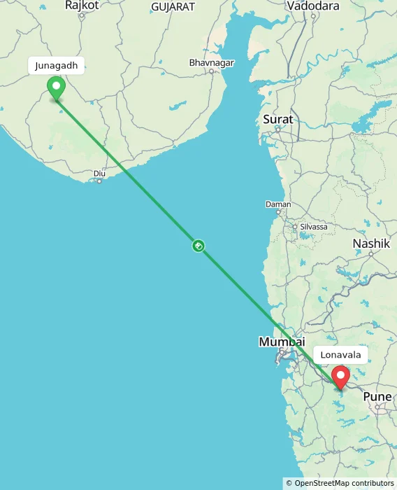 Route map showing distance and travel time from Junagadh, India to Lonavala, India