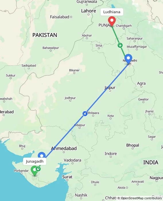 Route map showing distance and travel time from Junagadh, India to Ludhiana, India