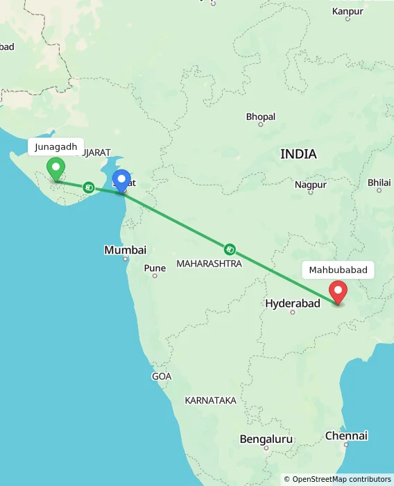 Route map showing distance and travel time from Junagadh, India to Mahbubabad, India