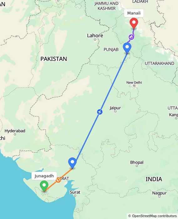 Route map showing distance and travel time from Junagadh, India to Manali, India