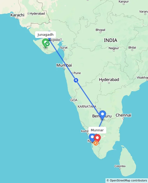 Route map showing distance and travel time from Junagadh, India to Munnar, India