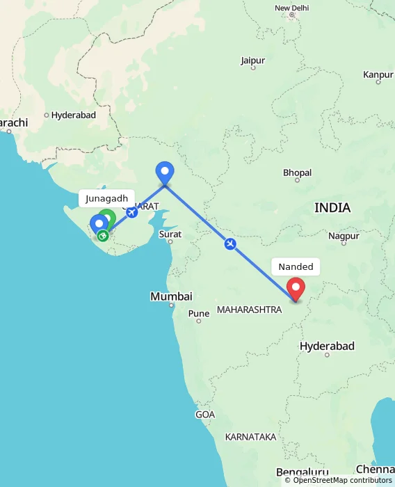 Route map showing distance and travel time from Junagadh, India to Nanded, India