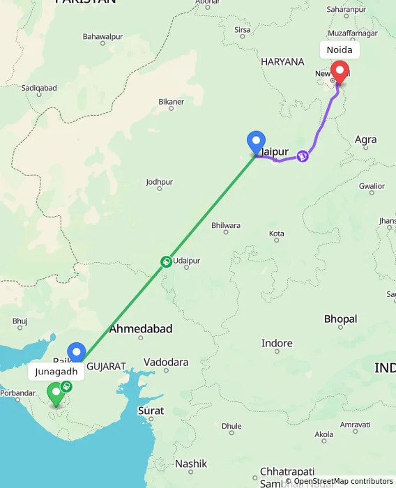 Route map showing distance and travel time from Junagadh, India to Noida, India