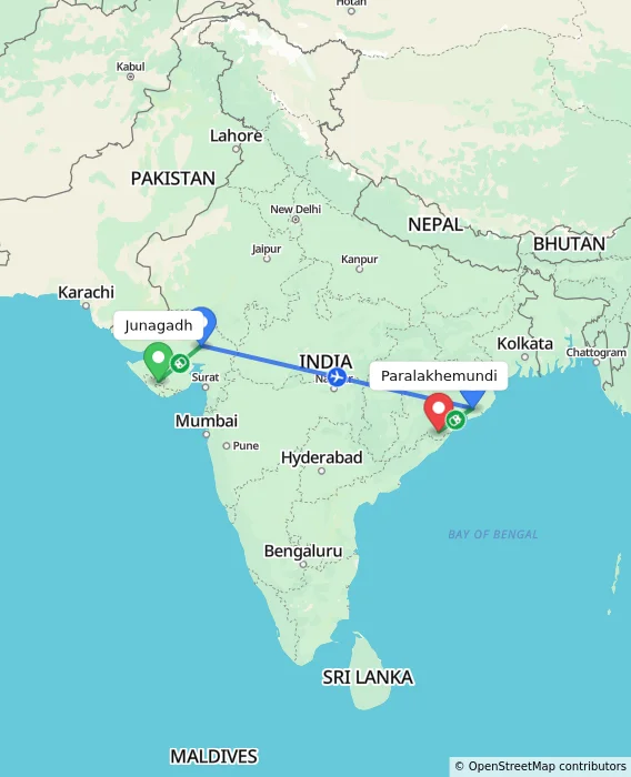 Route map showing distance and travel time from Junagadh, India to Paralakhemundi, India