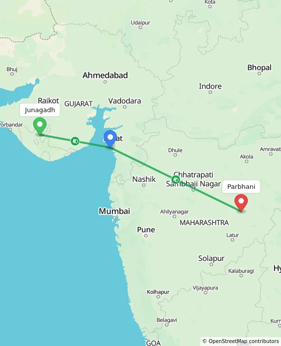 Route map showing distance and travel time from Junagadh, India to Parbhani, India
