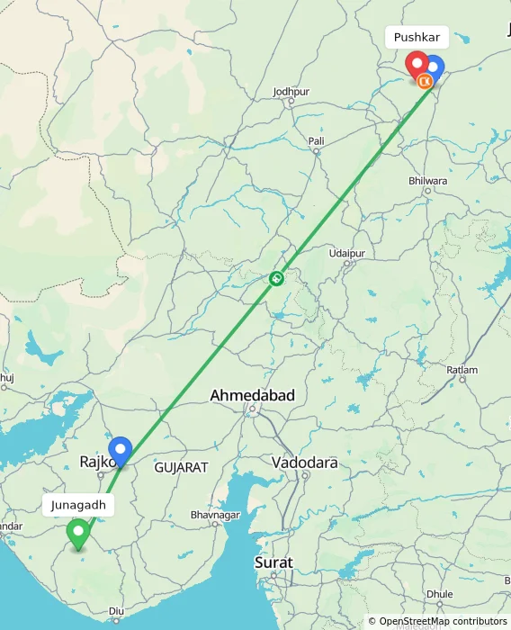 Route map showing distance and travel time from Junagadh, India to Pushkar, India
