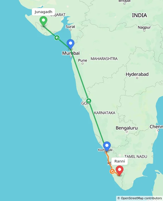 Route map showing distance and travel time from Junagadh, India to Ranni, India