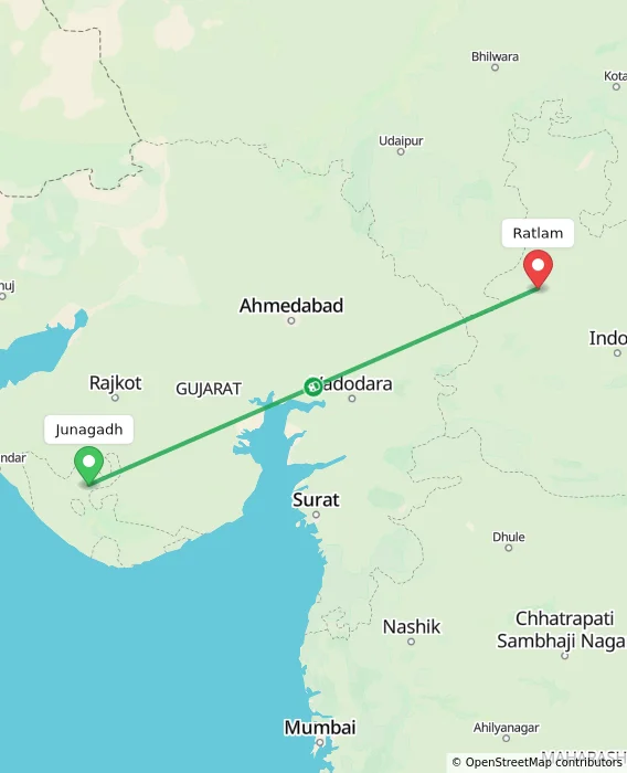 Route map showing distance and travel time from Junagadh, India to Ratlam, India