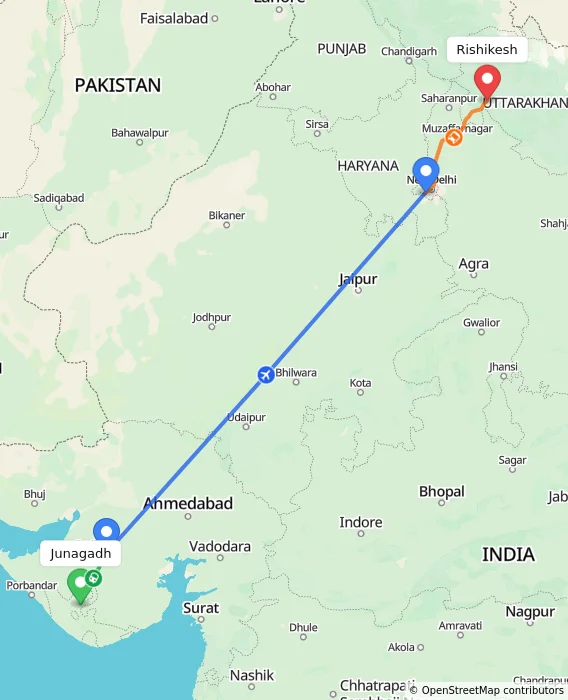 Route map showing distance and travel time from Junagadh, India to Rishikesh, India