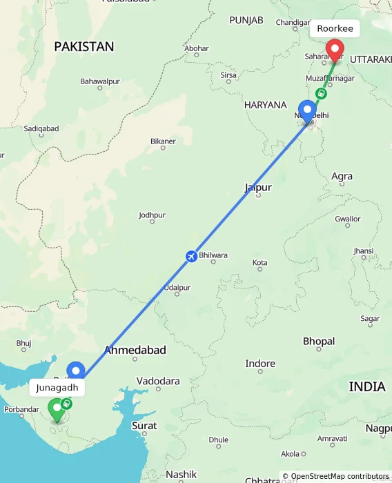 Route map showing distance and travel time from Junagadh, India to Roorkee, India