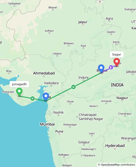 Route map showing distance and travel time from Junagadh, India to Sagar, India