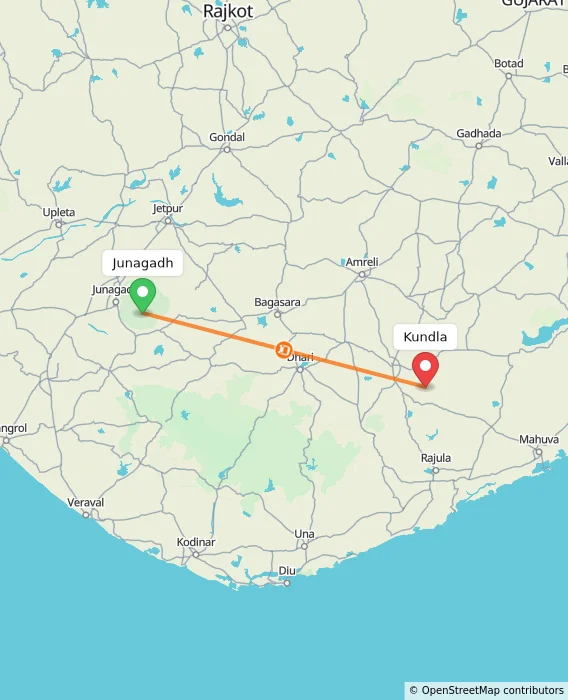 Route map showing distance and travel time from Junagadh, India to Kundla, India