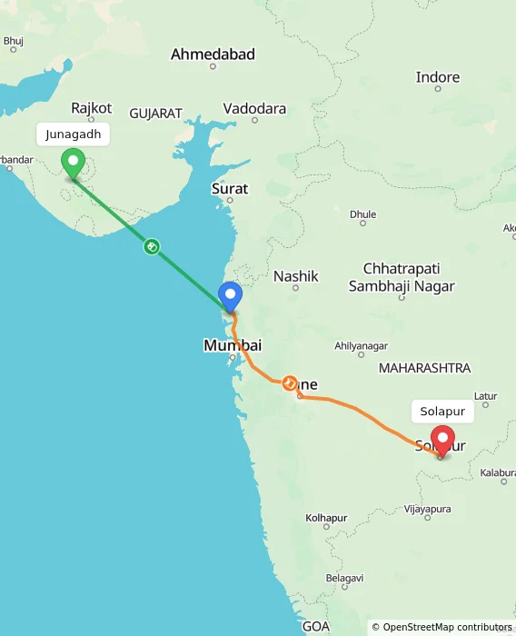 Route map showing distance and travel time from Junagadh, India to Solapur, India