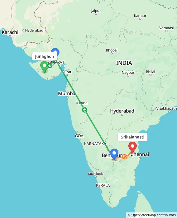 Route map showing distance and travel time from Junagadh, India to Srikalahasti, India