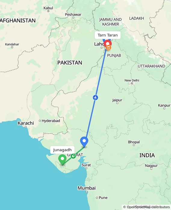 Route map showing distance and travel time from Junagadh, India to Tarn Taran, India