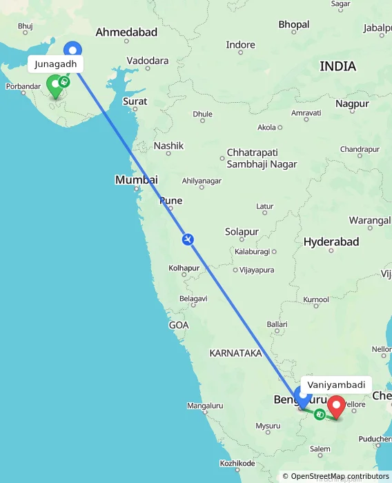 Route map showing distance and travel time from Junagadh, India to Vaniyambadi, India