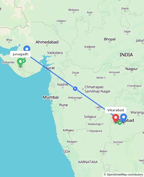 Route map showing distance and travel time from Junagadh, India to Vikarabad, India