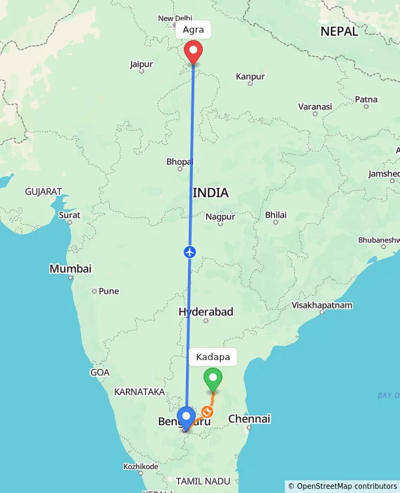 Route map showing distance and travel time from Kadapa, India to Agra, India