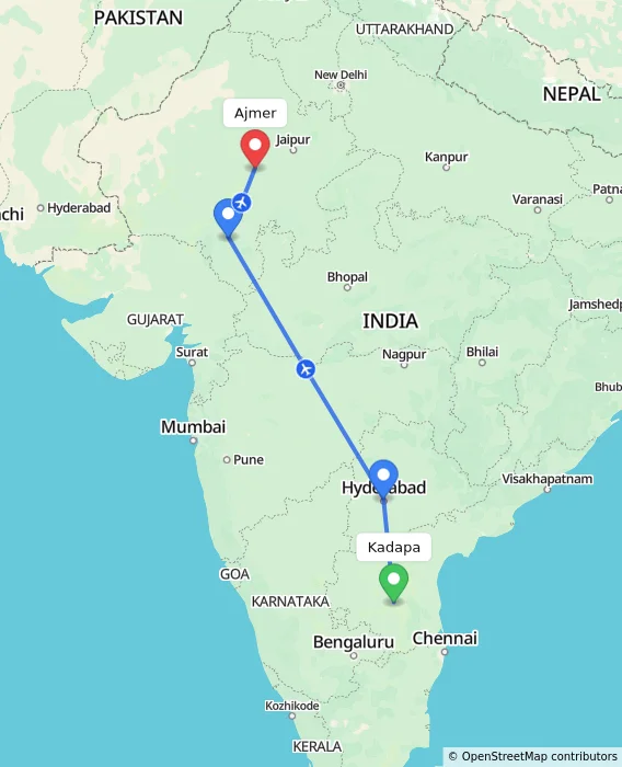 Route map showing distance and travel time from Kadapa, India to Ajmer, India