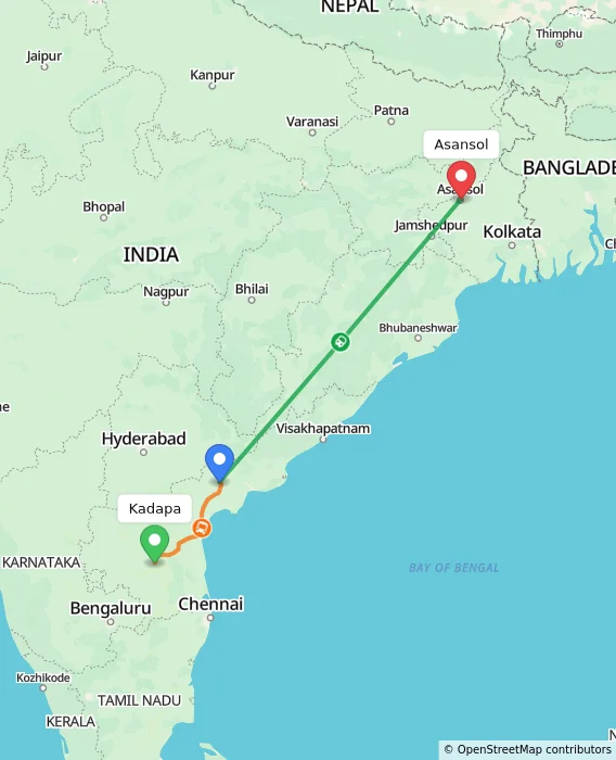 Route map showing distance and travel time from Kadapa, India to Asansol, India
