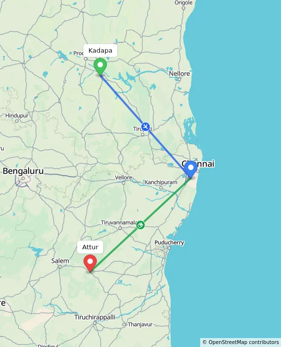 Route map showing distance and travel time from Kadapa, India to Attur, India