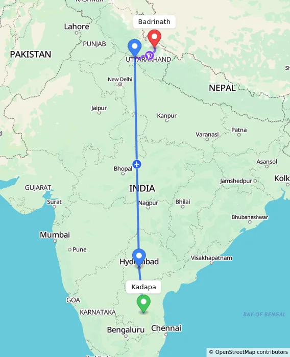 Route map showing distance and travel time from Kadapa, India to Badrinath, India