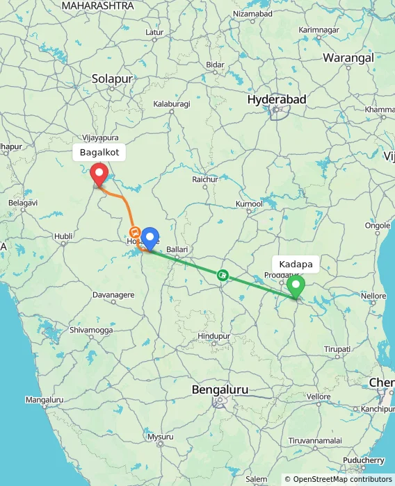 Route map showing distance and travel time from Kadapa, India to Bagalkot, India