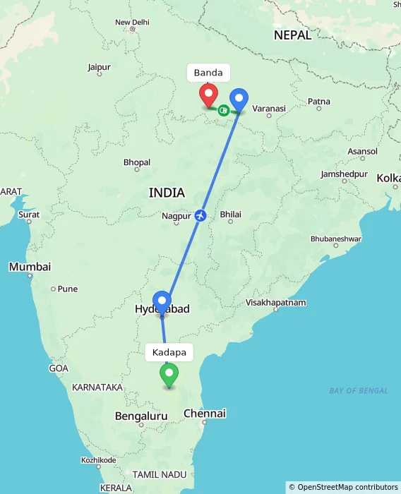 Route map showing distance and travel time from Kadapa, India to Banda, India