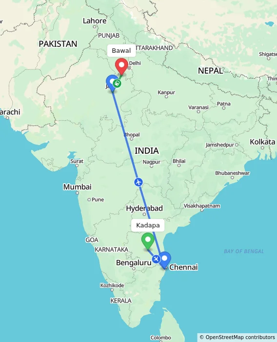 Route map showing distance and travel time from Kadapa, India to Bawal, India