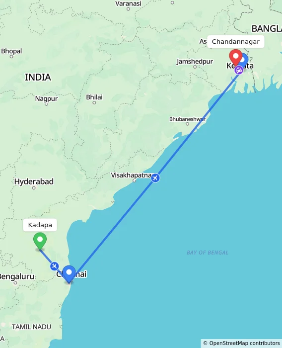 Route map showing distance and travel time from Kadapa, India to Chandannagar, India