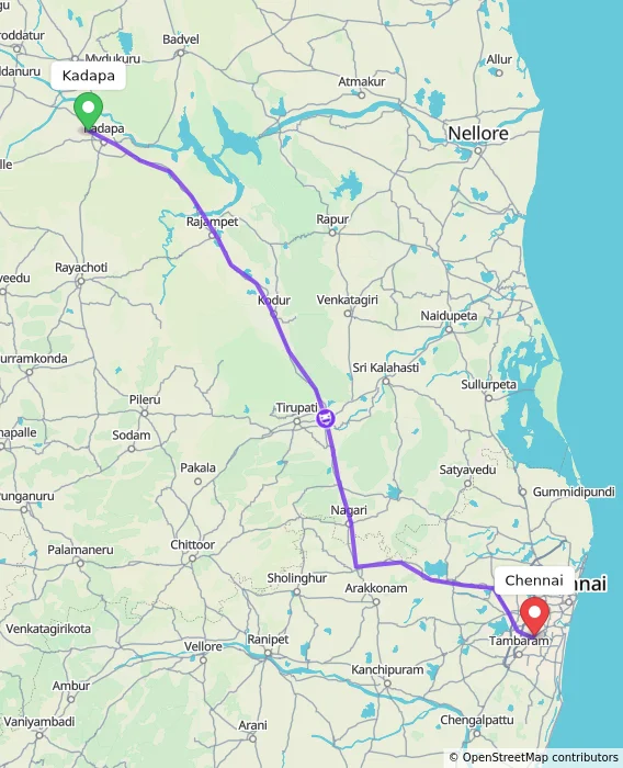 Route map showing distance and travel time from Kadapa, India to Chennai, India
