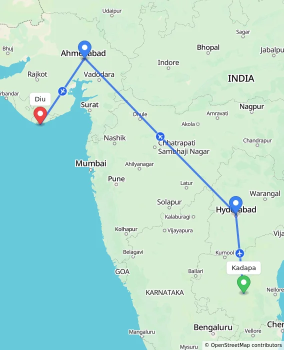 Route map showing distance and travel time from Kadapa, India to Diu, India