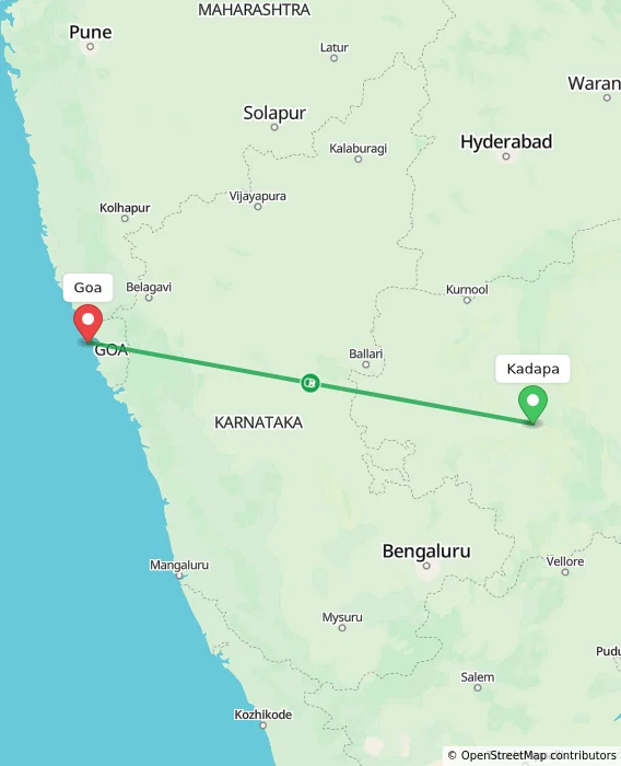 Route map showing distance and travel time from Kadapa, India to Goa, India