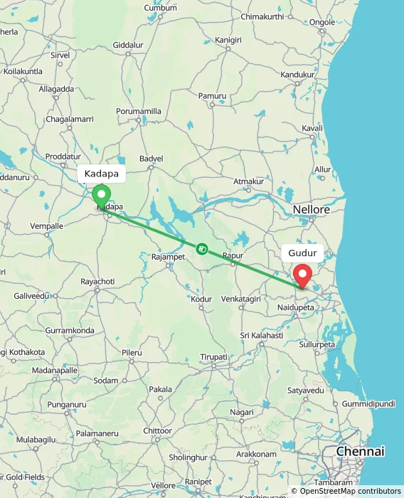 Route map showing distance and travel time from Kadapa, India to Gudur, India