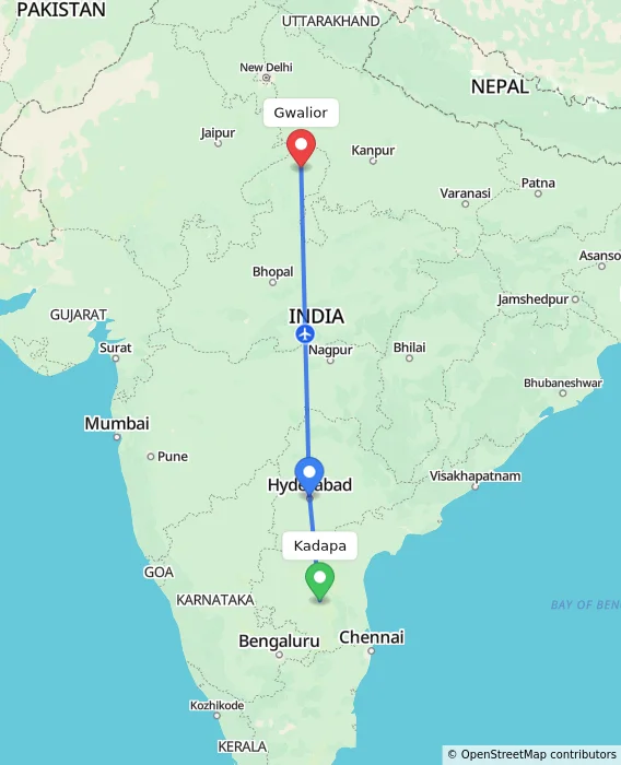 Route map showing distance and travel time from Kadapa, India to Gwalior, India
