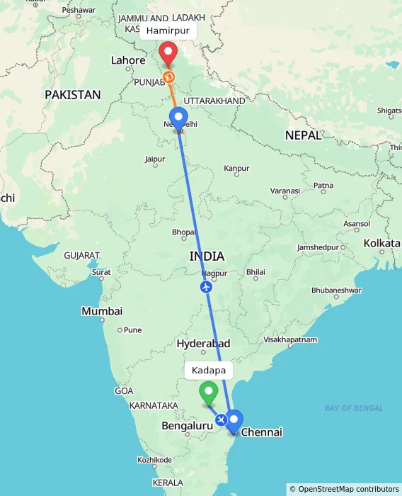 Route map showing distance and travel time from Kadapa, India to Hamirpur, India