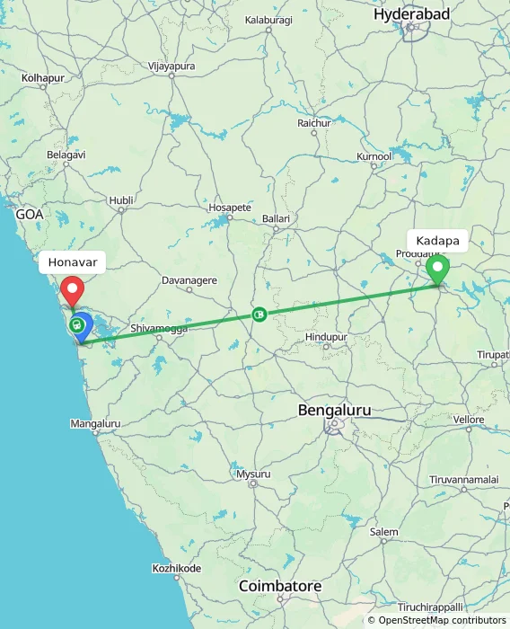 Route map showing distance and travel time from Kadapa, India to Honavar, India