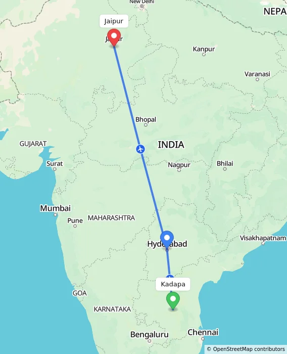 Route map showing distance and travel time from Kadapa, India to Jaipur, India