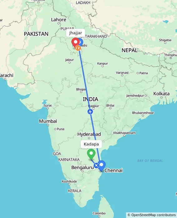 Route map showing distance and travel time from Kadapa, India to Jhajjar, India