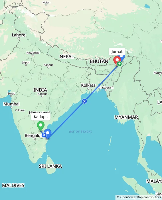 Route map showing distance and travel time from Kadapa, India to Jorhat, India