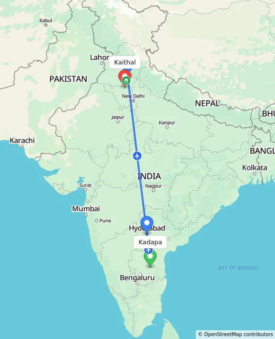Route map showing distance and travel time from Kadapa, India to Kaithal, India
