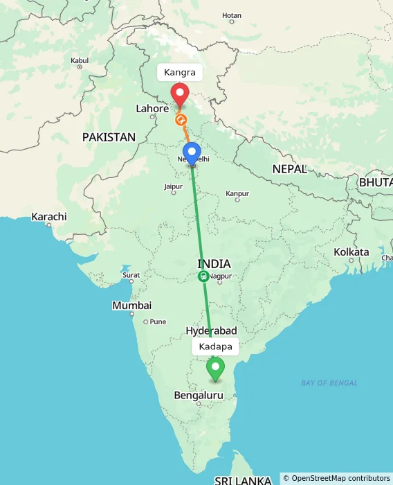 Route map showing distance and travel time from Kadapa, India to Kangra, India