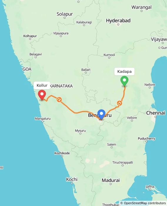 Route map showing distance and travel time from Kadapa, India to Kollur, India