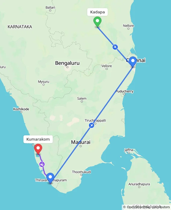 Route map showing distance and travel time from Kadapa, India to Kumarakom, India