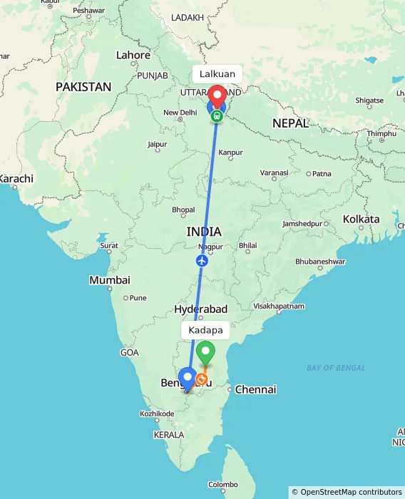 Route map showing distance and travel time from Kadapa, India to Lalkuan, India