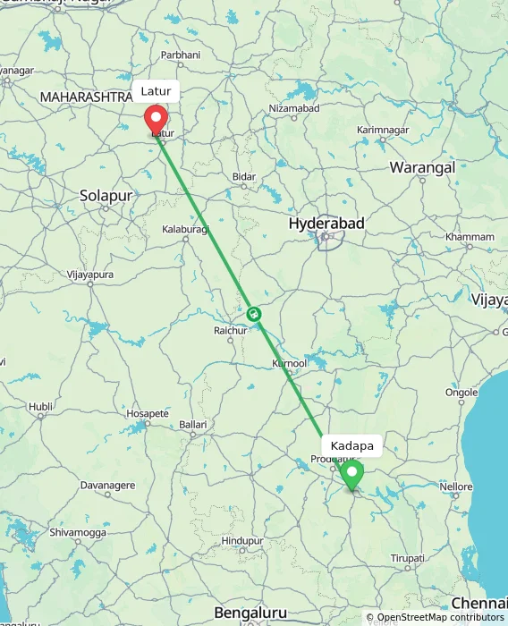 Route map showing distance and travel time from Kadapa, India to Latur, India