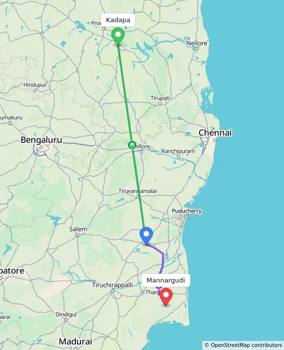 Route map showing distance and travel time from Kadapa, India to Mannargudi, India