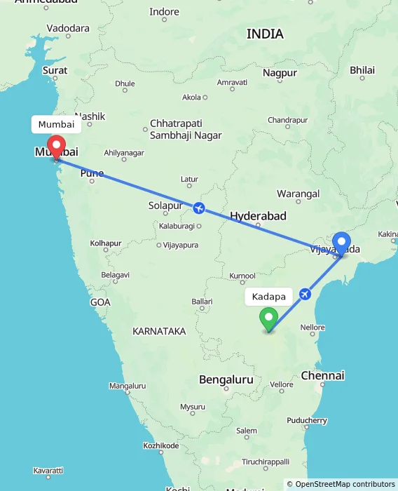 Route map showing distance and travel time from Kadapa, India to Mumbai, India